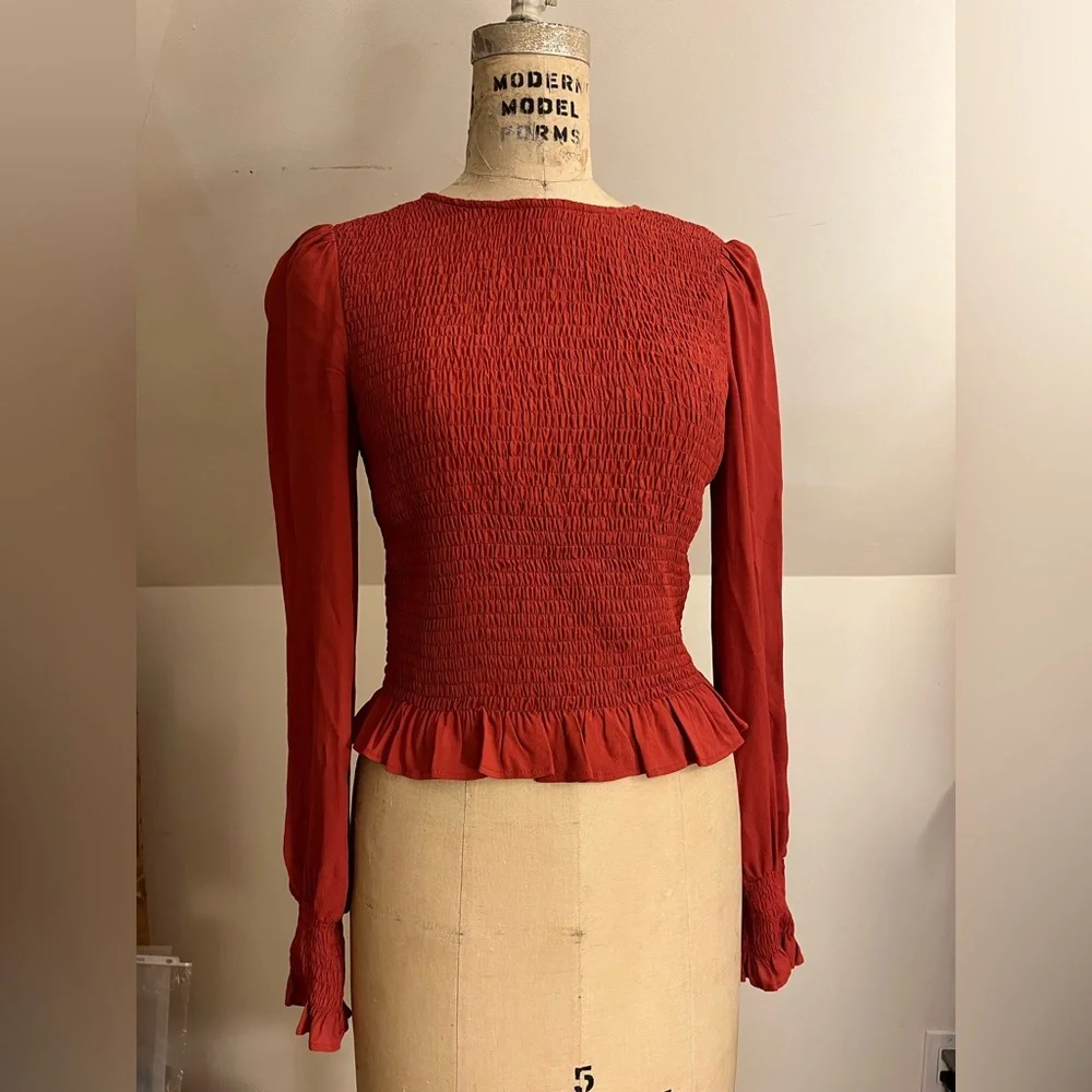Boden Red Smocked Peplum Long-Sleeve Blouse